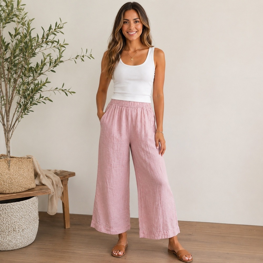 Tahari Pink Wide-Leg Linen Blend Pants